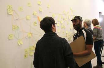 Participants discuss the Cartography wall map, 2017