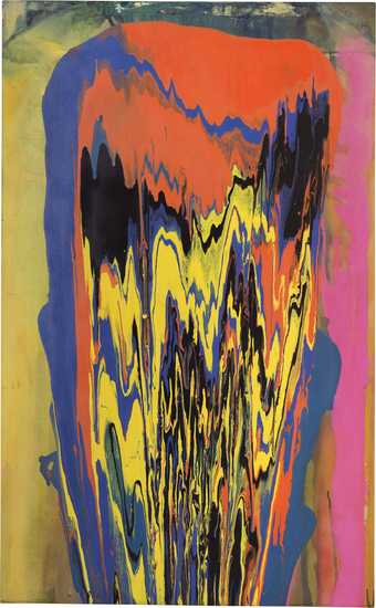 Frank Bowling Tony's Anvil 1975, abstract drip painting in bold orange, pink, yellow and purple